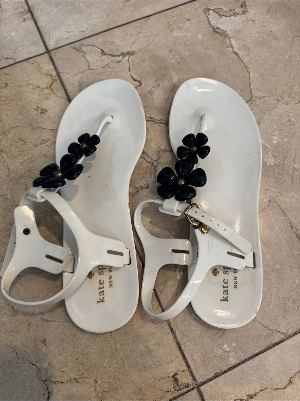 kate spade White Sandals with Black Floral Accents